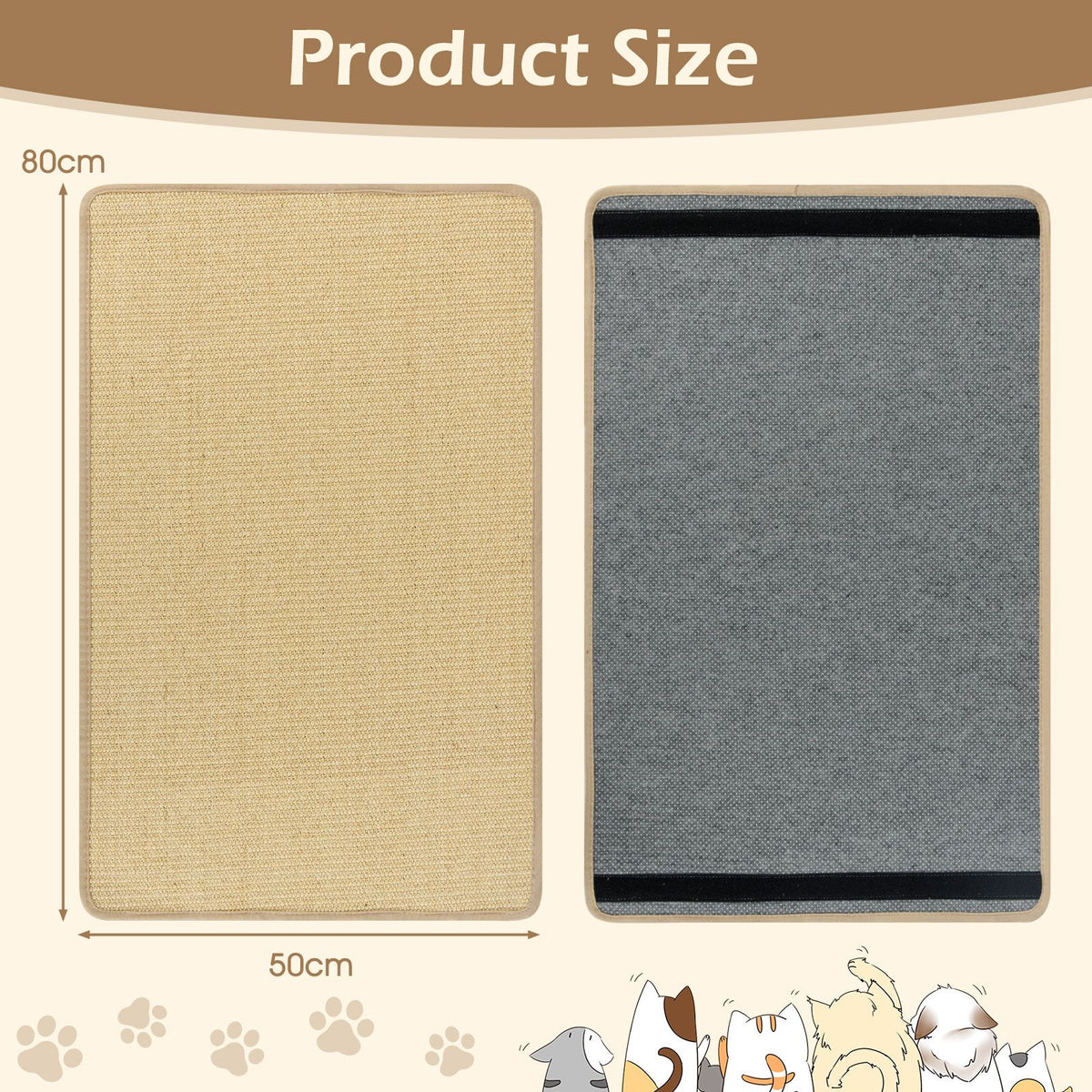 Supplier dimension diagram for two 80 × 50 cm natural sisal scratching mats