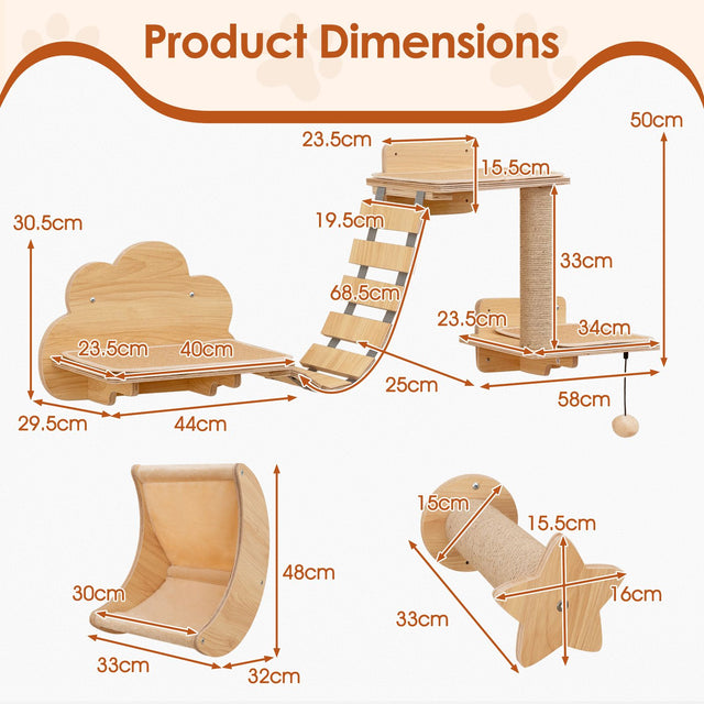 Supplier dimensions for the six-piece wall-mounted cat climbing set