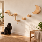 Six-piece wall-mounted cat climbing set beside a solid-black Norwegian Forest cat