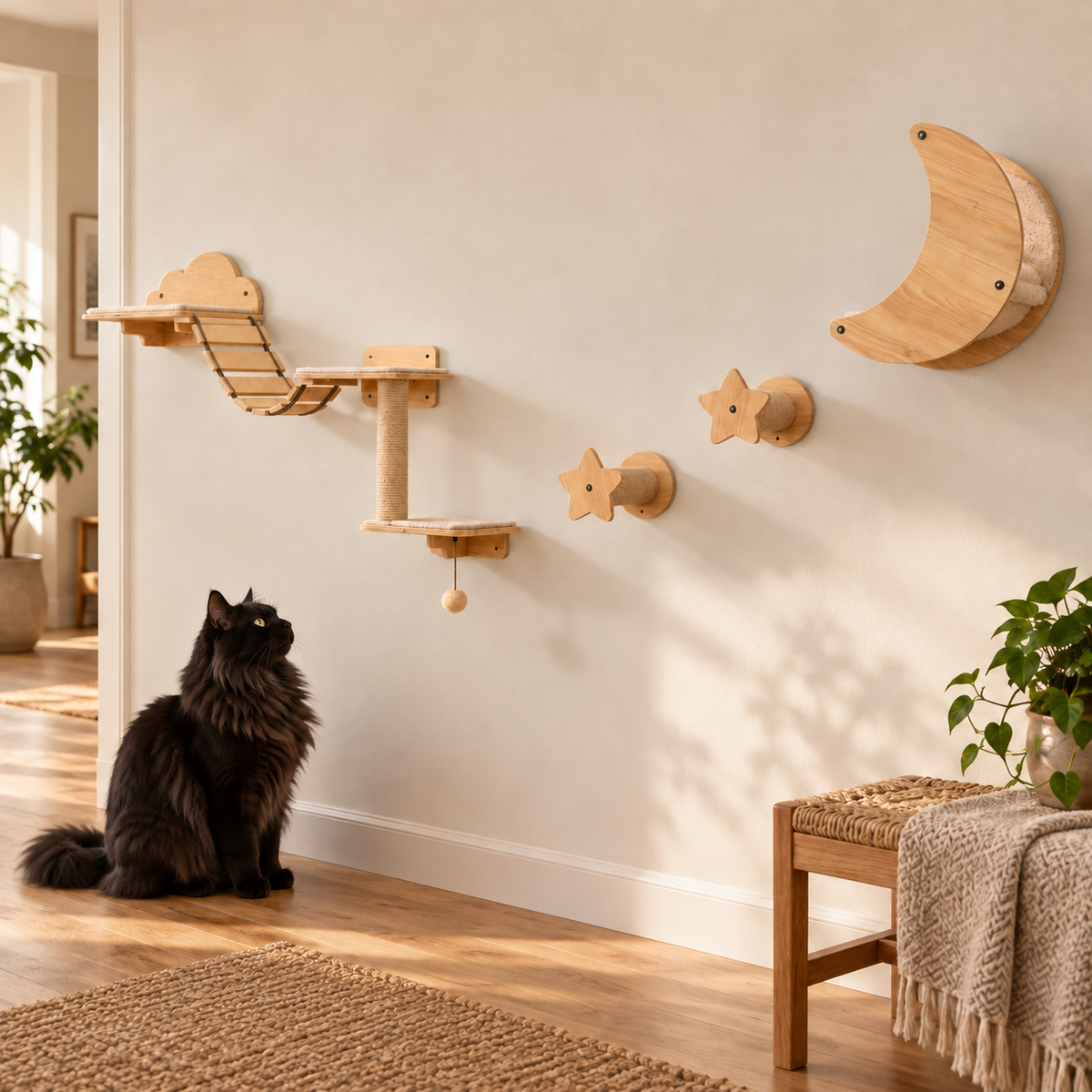 Six-piece wall-mounted cat climbing set beside a solid-black Norwegian Forest cat