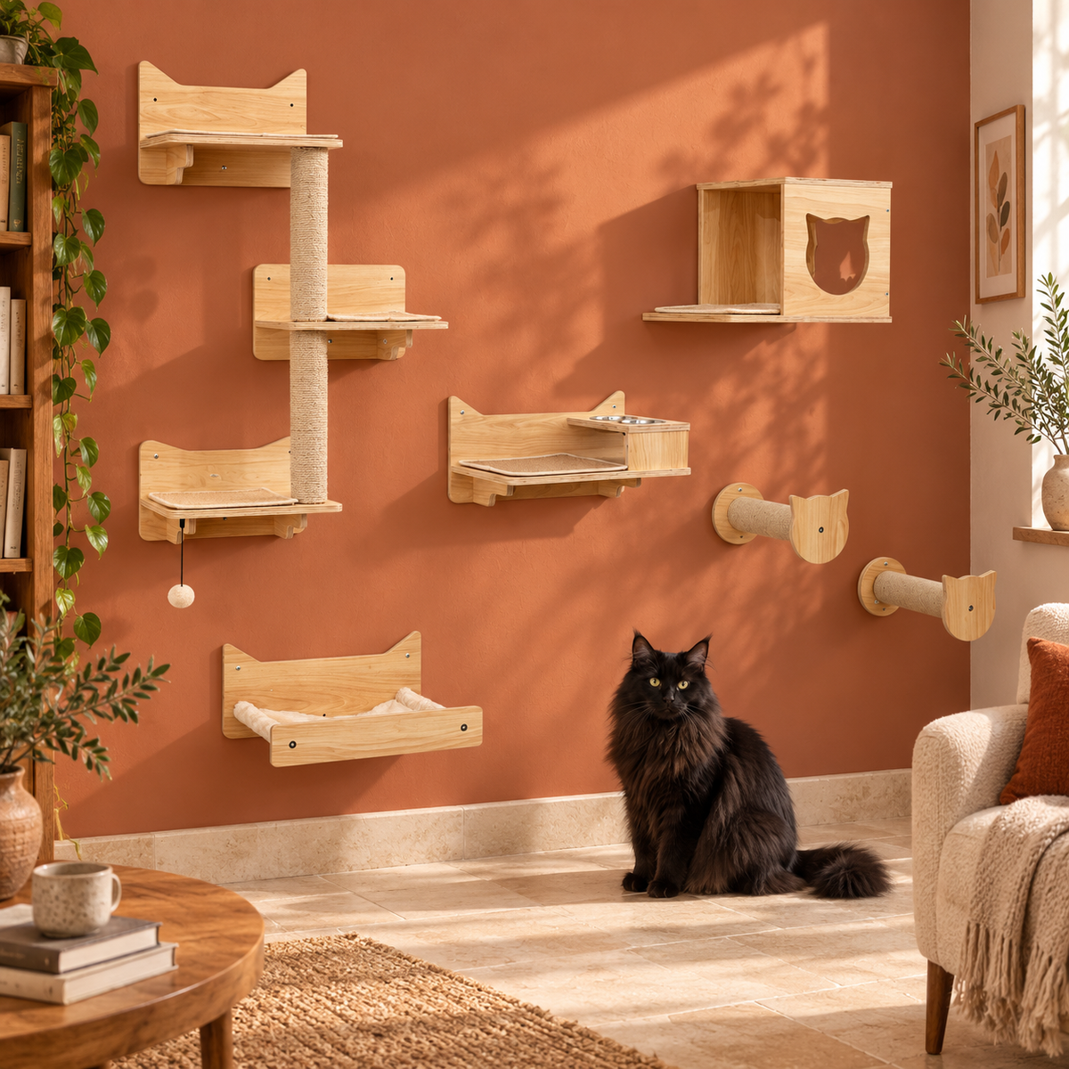 Six-piece wall-mounted cat climbing and feeding set beside a solid-black Norwegian Forest cat