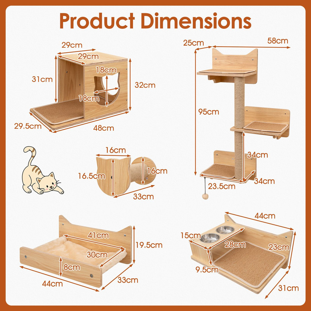 Supplier dimensions for the six-piece wall-mounted cat climbing and feeding set