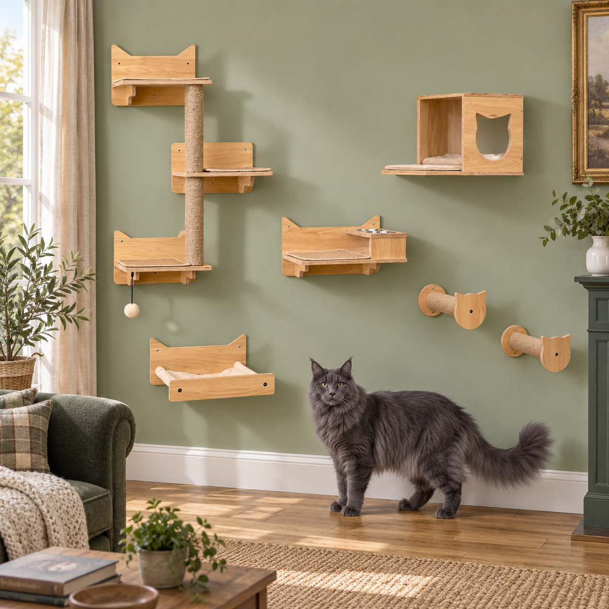 Six-piece wall-mounted cat climbing and feeding set beside a solid-grey adult Maine Coon