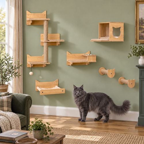 Six-piece wall-mounted cat climbing and feeding set beside a solid-grey adult Maine Coon
