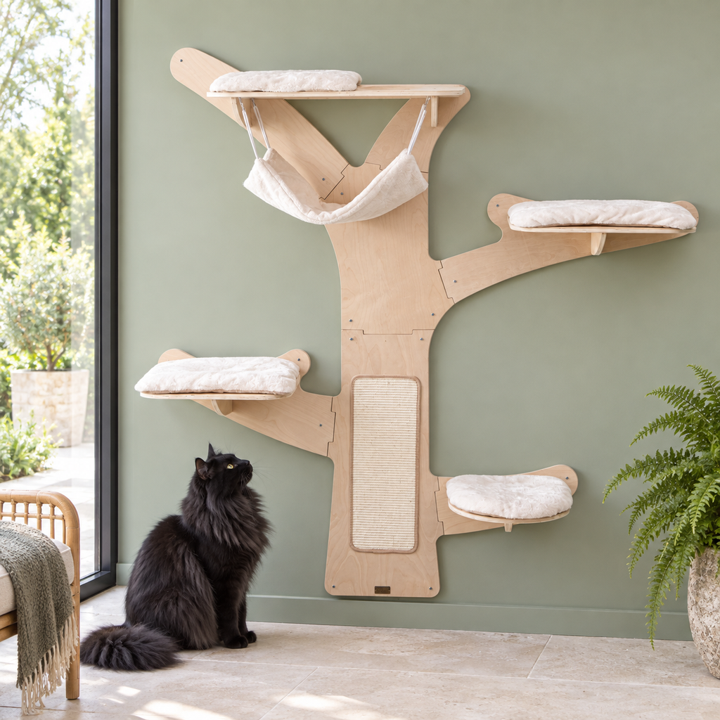 The Canopy Wall cat tower in a sage garden room with a solid black Norwegian Forest Cat beside it