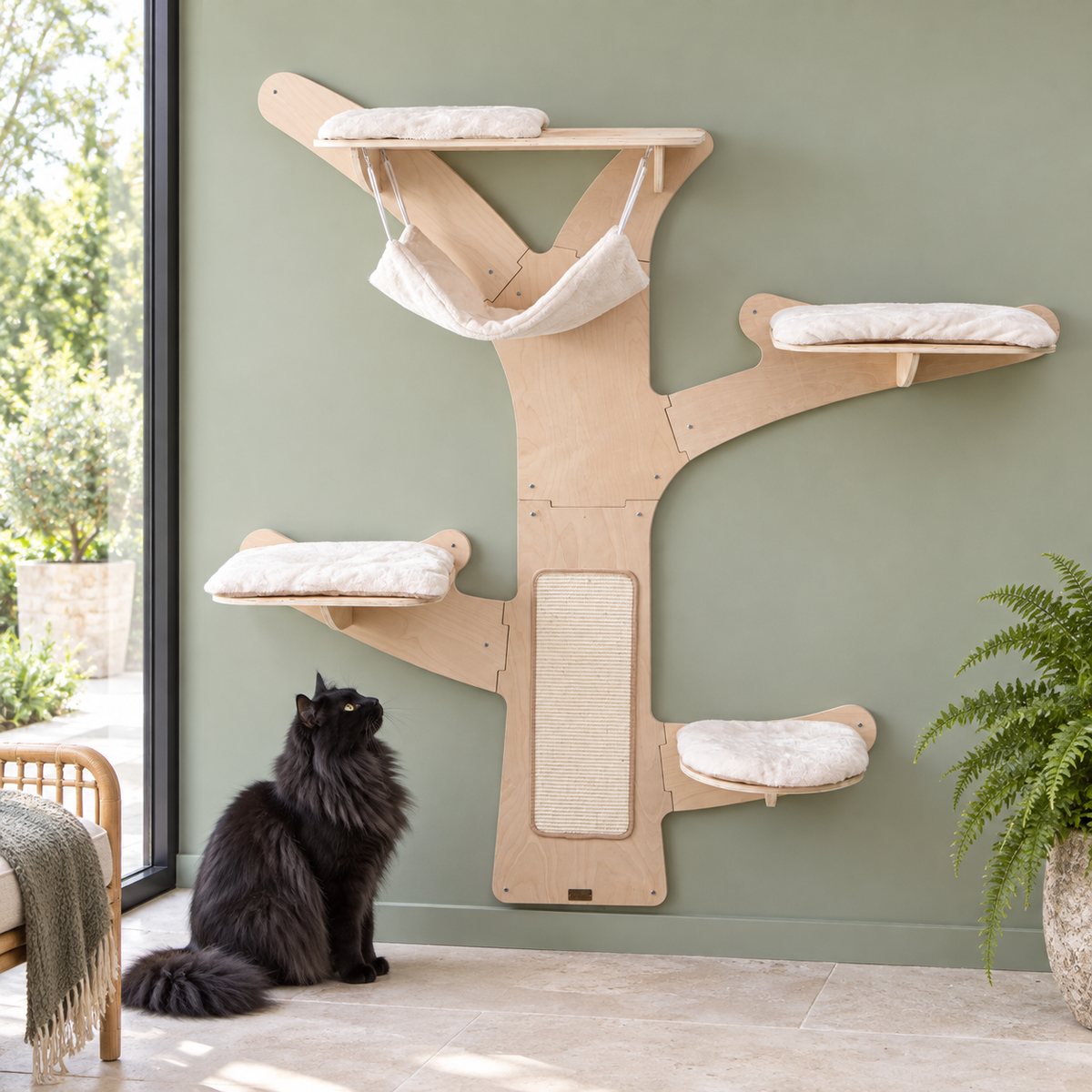 The Canopy Wall cat tower in a sage garden room with a solid black Norwegian Forest Cat beside it