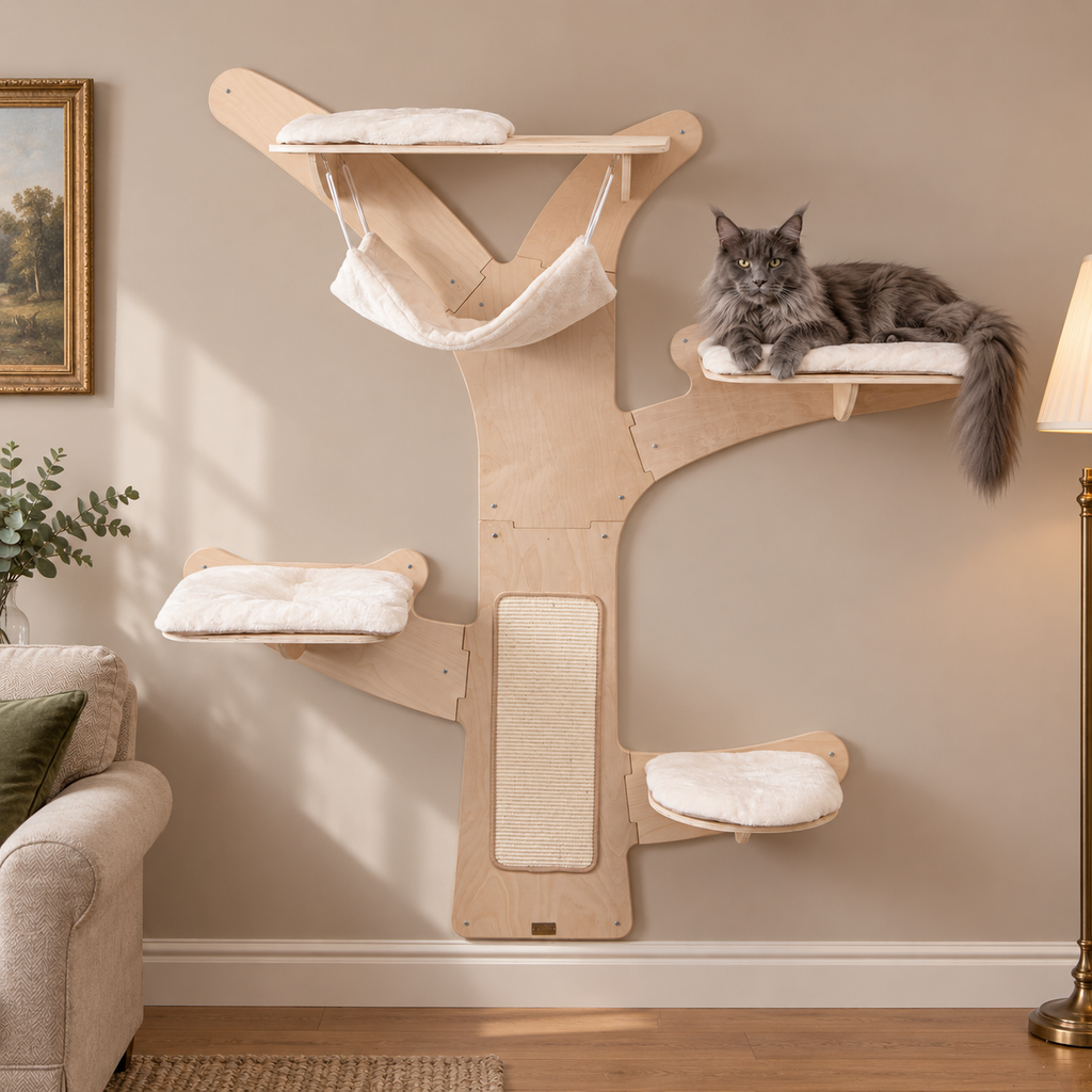 The Canopy Wall cat tower in a taupe sitting room with a solid blue-grey Maine Coon on the 56 cm platform