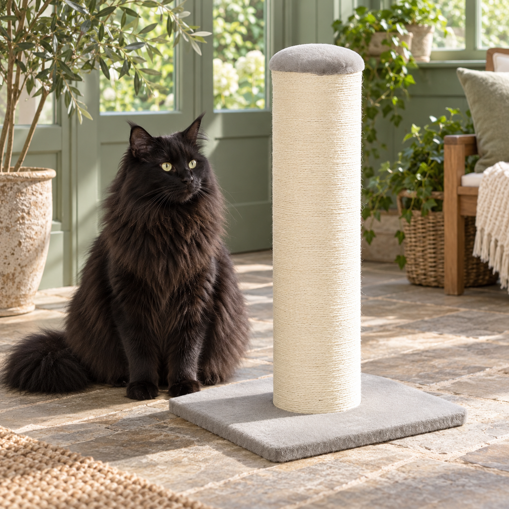 The Full Stretch scratching post beside a solid black Norwegian Forest Cat to show its smaller-cat scale