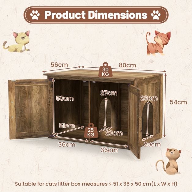 Oak-look litter cabinet dimensions: 80 by 56 by 54 cm, with 51 by 36 by 50 cm inner cabinet