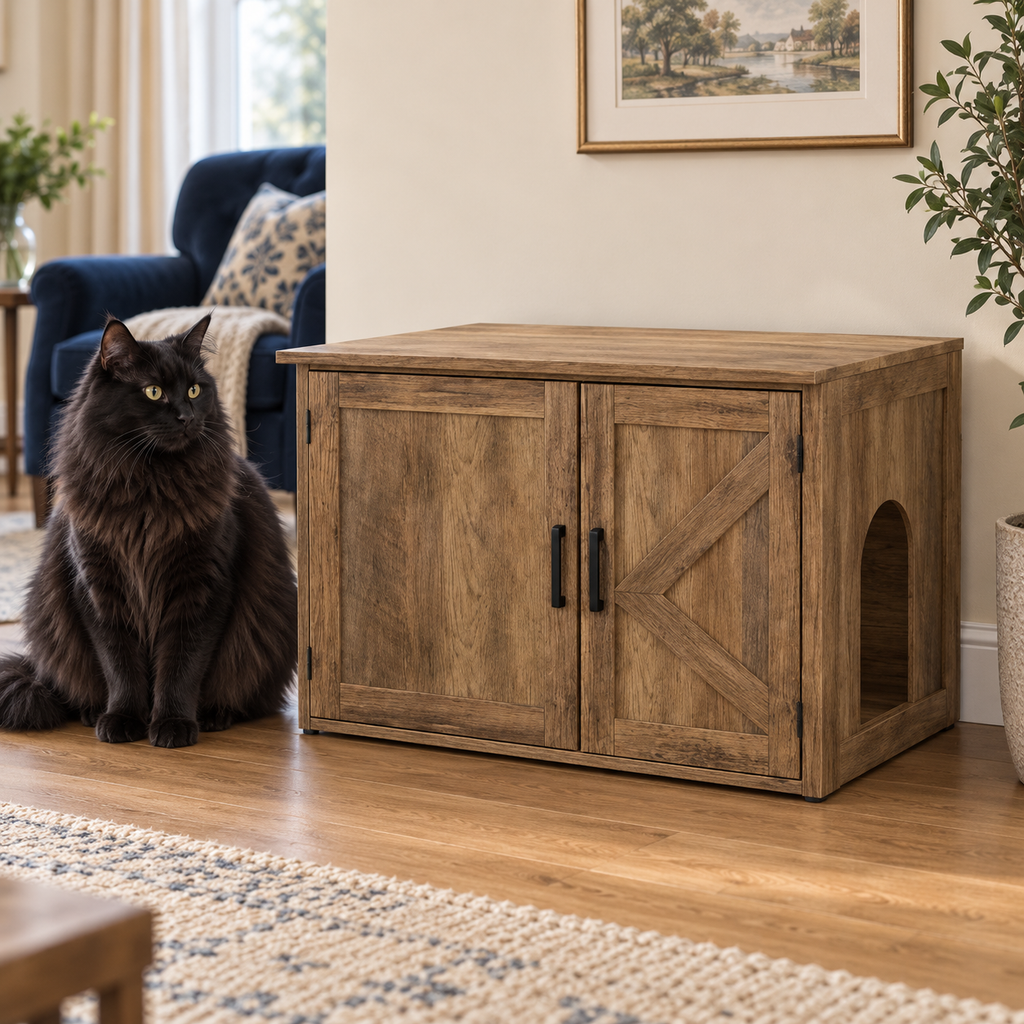 Oak-look litter cabinet with doors closed beside a full-size black Norwegian Forest Cat in a cream sitting room