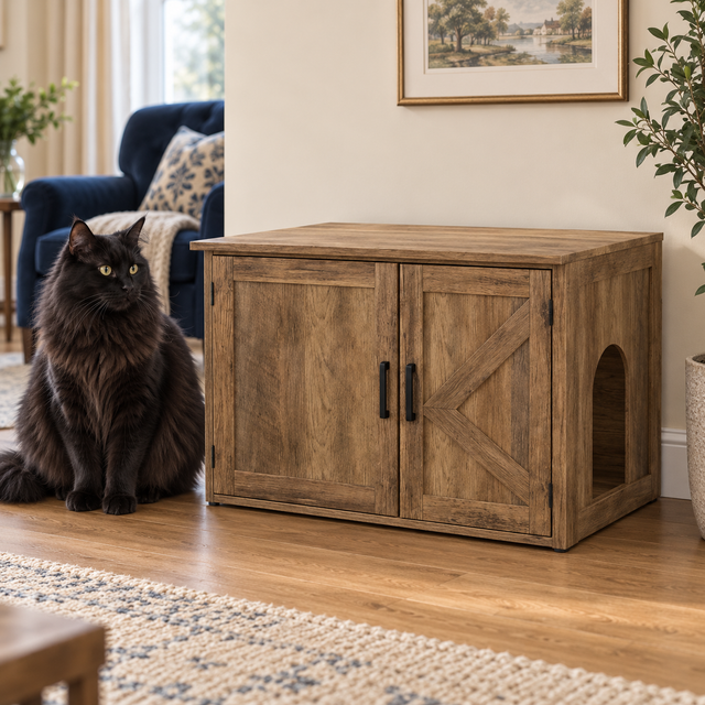 Oak-look litter cabinet with doors closed beside a full-size black Norwegian Forest Cat in a cream sitting room