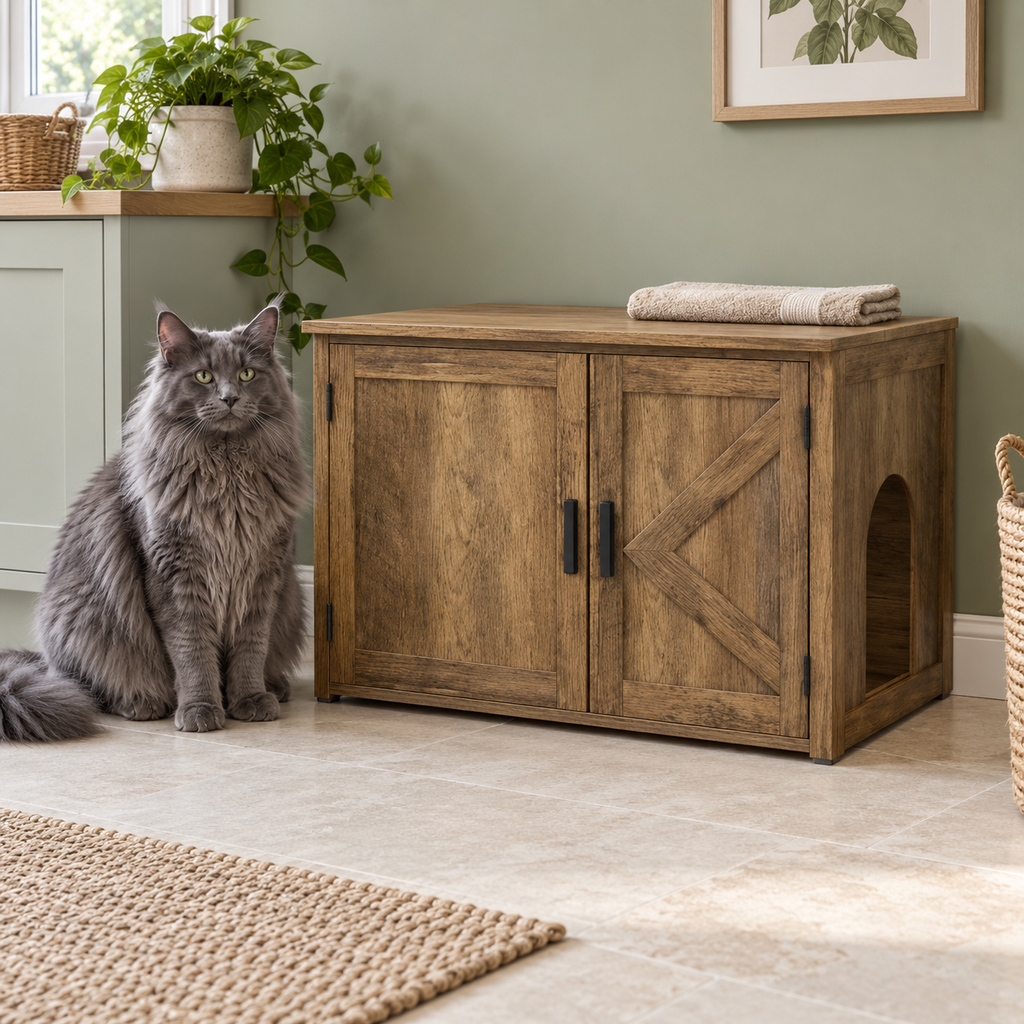 Oak-look litter cabinet with doors closed beside a full-size blue-grey Maine Coon in a sage utility room