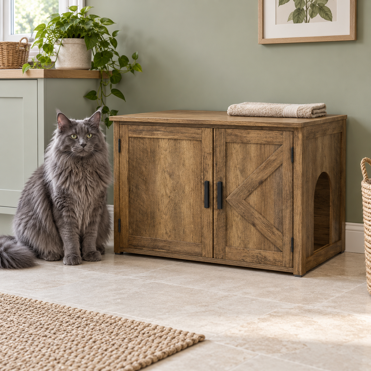 Oak-look litter cabinet with doors closed beside a full-size blue-grey Maine Coon in a sage utility room