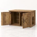 Oak-look litter cabinet with asymmetric doors open, inner passage and right-side arched entry on light marble