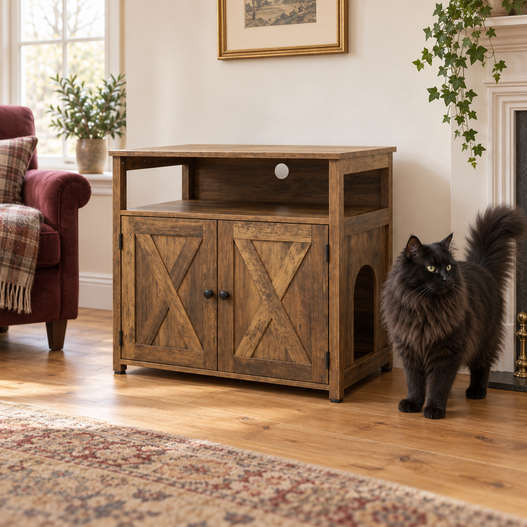 Oak-look litter cabinet with open shelf and closed barn doors beside a full-size black Norwegian Forest Cat
