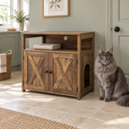 Oak-look litter cabinet with open shelf and closed barn doors beside a full-size blue-grey Maine Coon