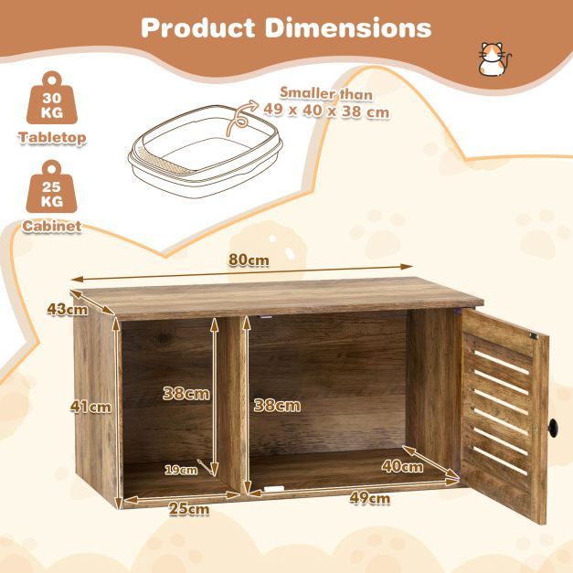 Oak-look litter cabinet dimensions: 80 by 43 by 41 cm with 25 cm open bay and 49 cm enclosed cabinet