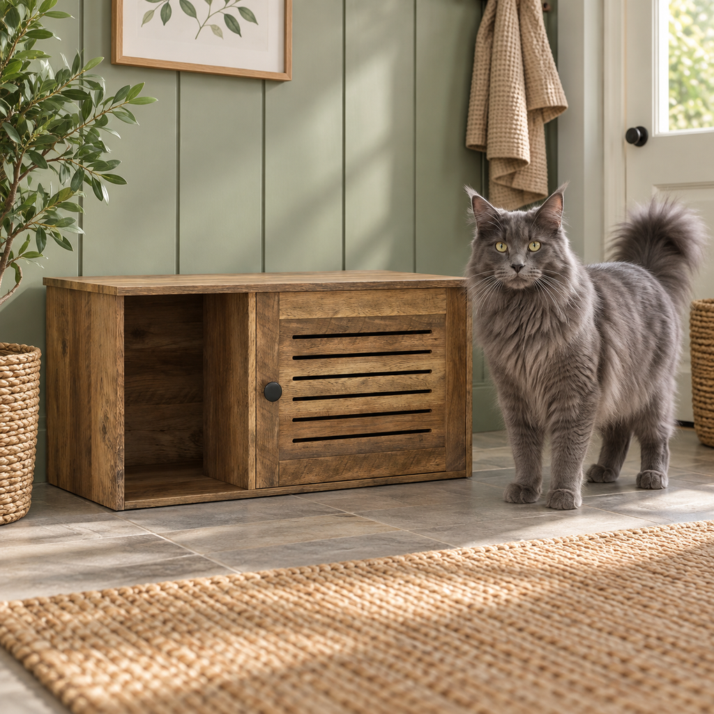 Oak-look litter cabinet with left open bay and closed slatted door beside a full-size blue-grey Maine Coon