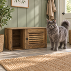 Oak-look litter cabinet with left open bay and closed slatted door beside a full-size blue-grey Maine Coon