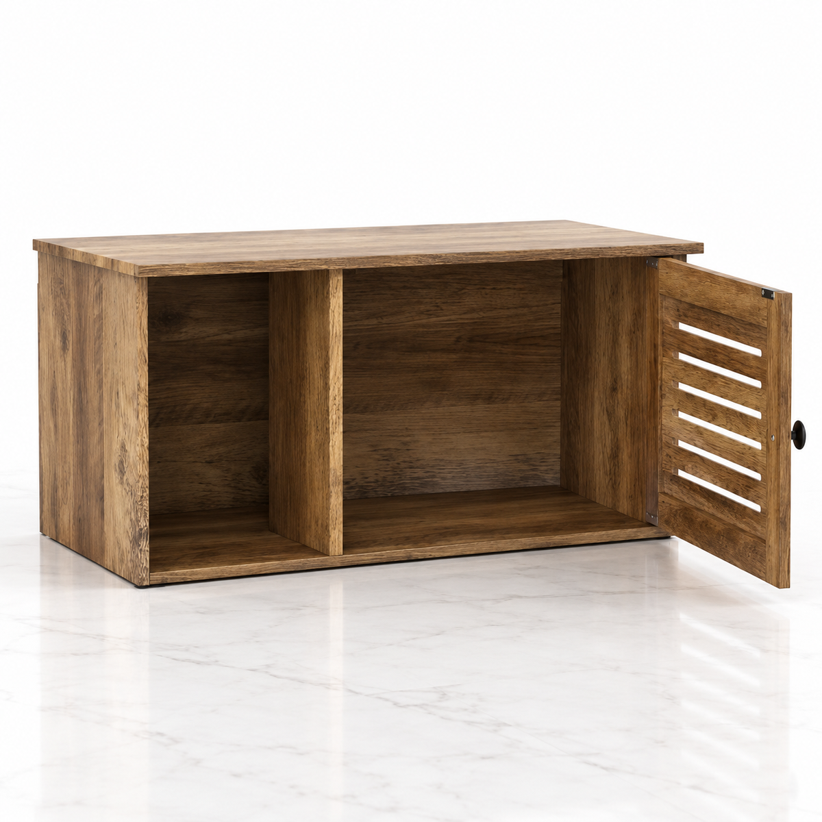 Oak-look litter cabinet with left open bay and single right slatted door open on light marble