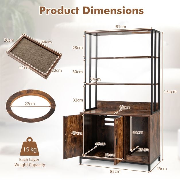 Coffee litter cabinet and shelving dimensions: 85 by 45 by 154 cm, with 53 by 45 by 49 cm cabinet