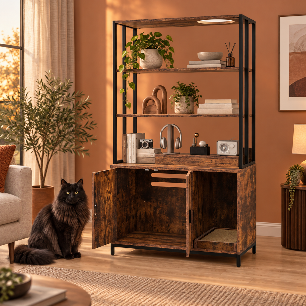 Coffee and black litter cabinet with doors open beside a full-size solid black Norwegian Forest Cat
