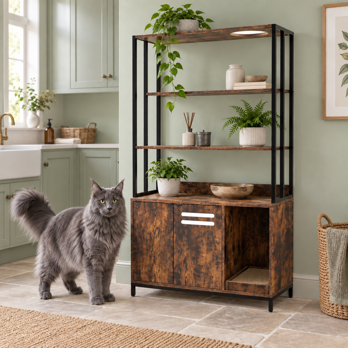 Coffee and black litter cabinet with tall shelving beside a full-size solid blue-grey Maine Coon