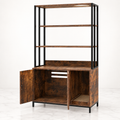 Coffee and black litter cabinet with tall open shelving, two doors open and side-entry bay on light marble