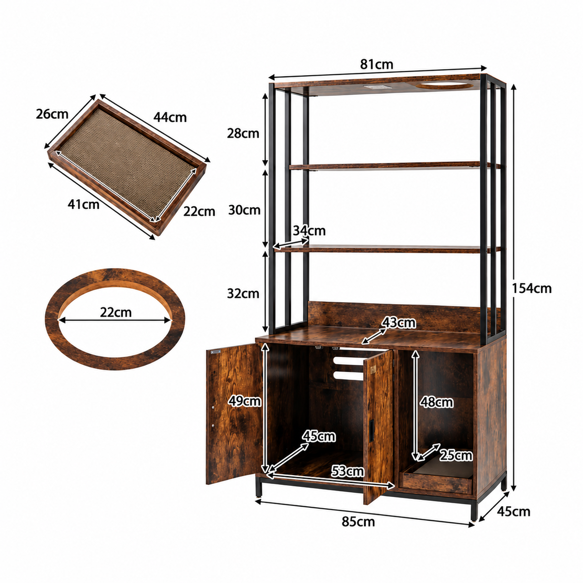 Plain white dimension diagram for The Library — Litter Cabinet & Shelving showing product size measurements in centimetres.