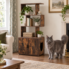The Library Litter Cabinet beside a full-sized blue-grey Maine Coon in a sitting room