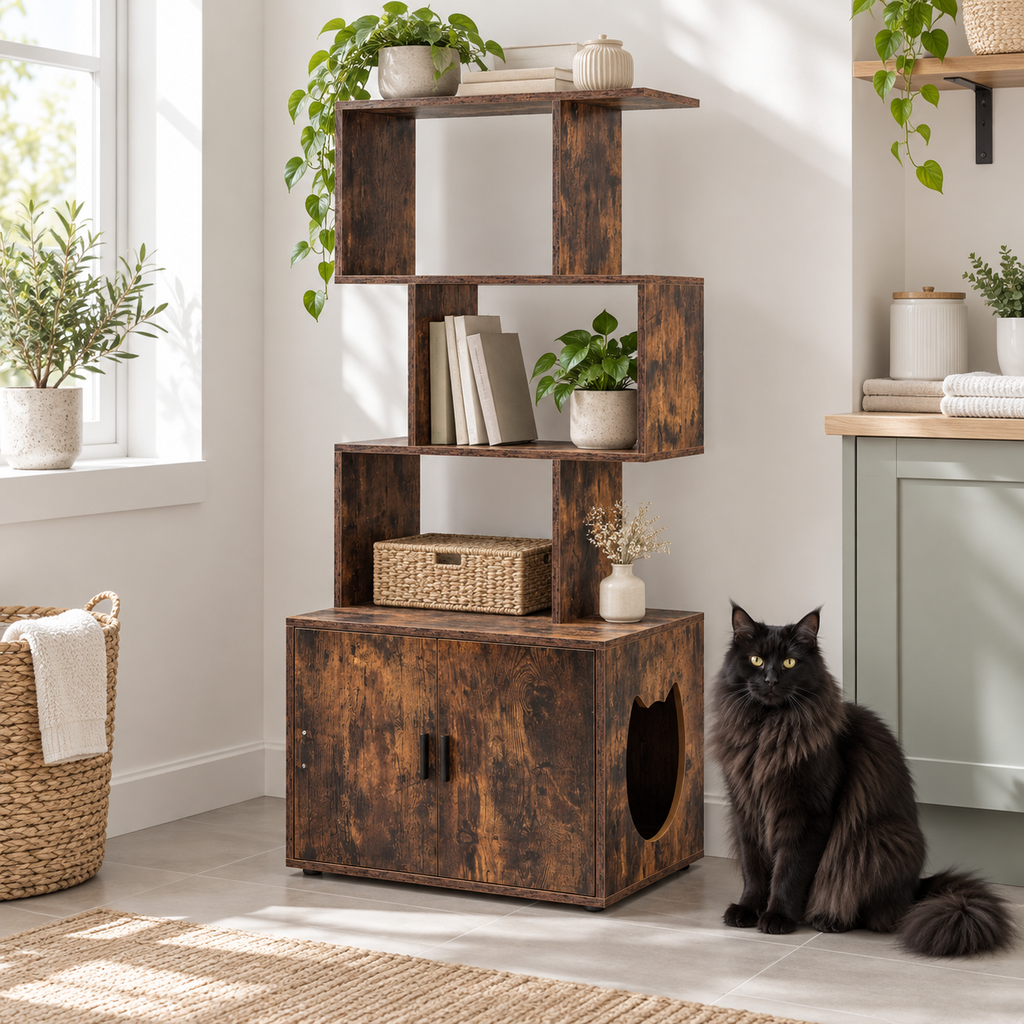 The Library Litter Cabinet beside a large black Norwegian Forest Cat in a utility room