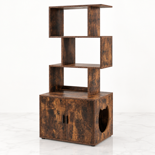 The Library Litter Cabinet in rustic brown on a light marble studio floor