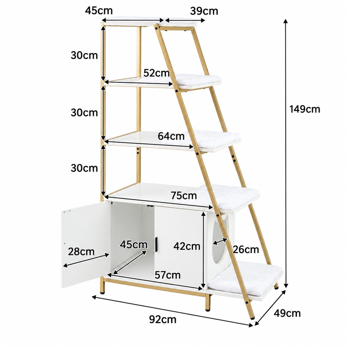 Plain white dimension diagram for The Gilded Litter Library — 149cm Cabinet & Steps showing product size measurements in centimetres.