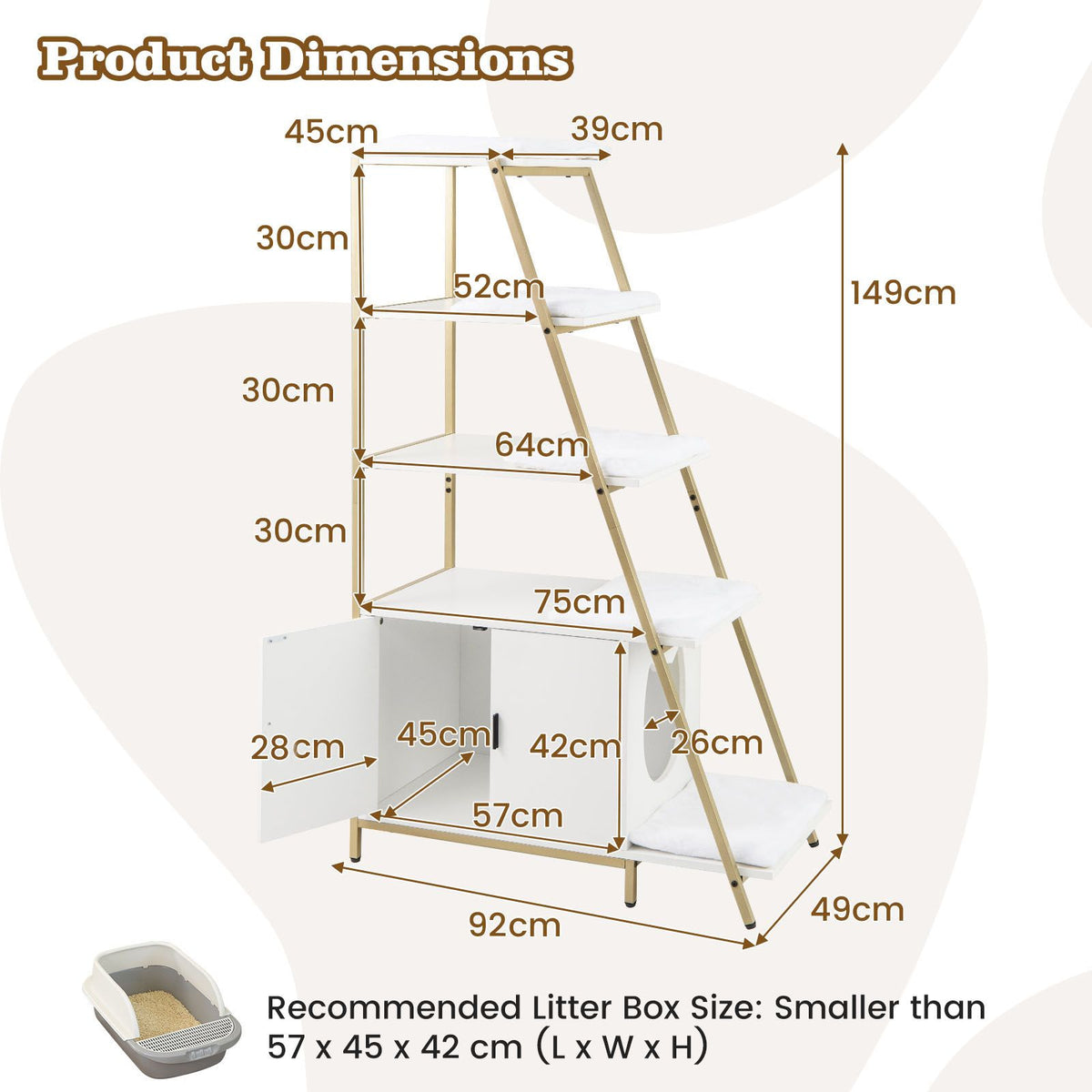 Dimension diagram for the 92 by 49 by 149 cm litter cabinet with five-level steps