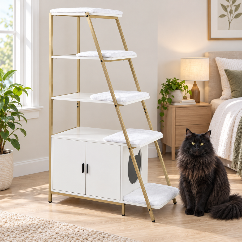 White and gold litter cabinet and five-level steps beside a full-sized black Norwegian Forest Cat in a bedroom
