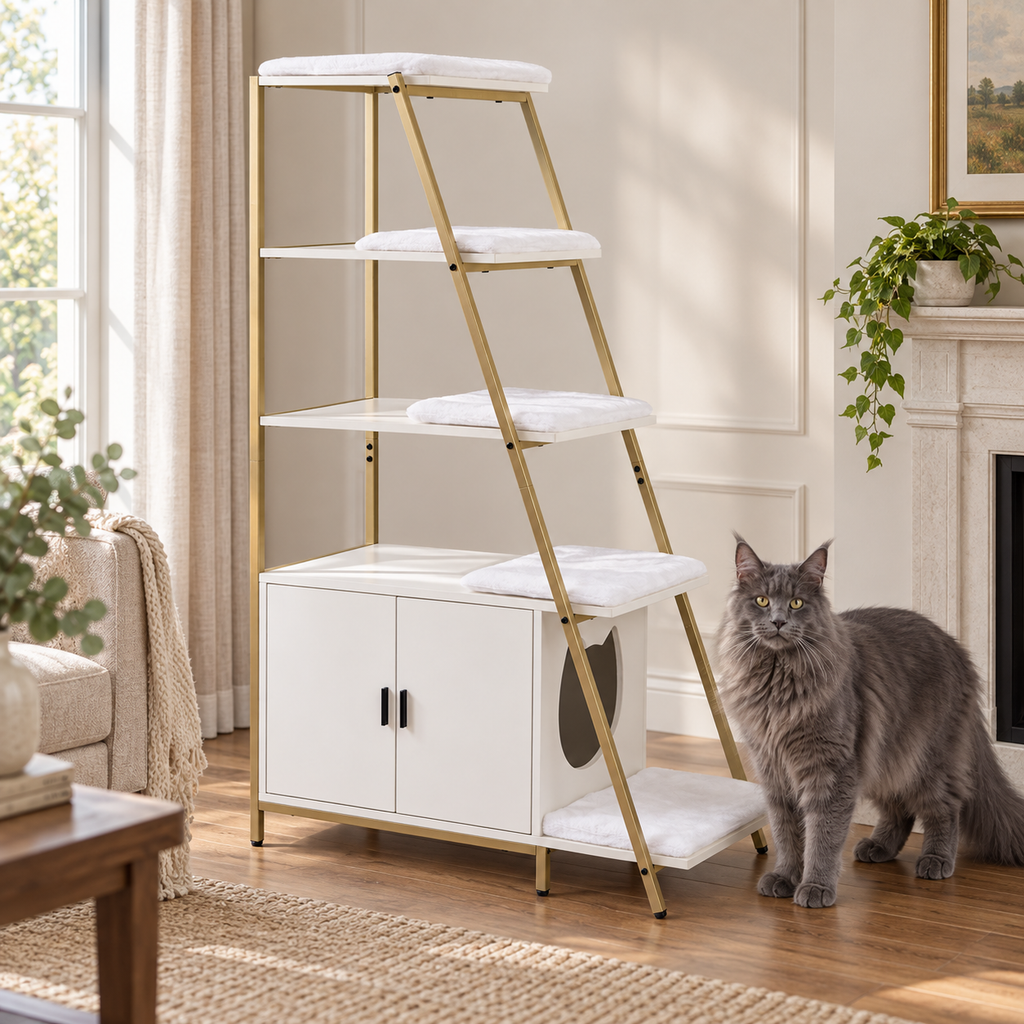 White and gold litter cabinet and five-level steps beside a full-sized solid grey Maine Coon in a sitting room