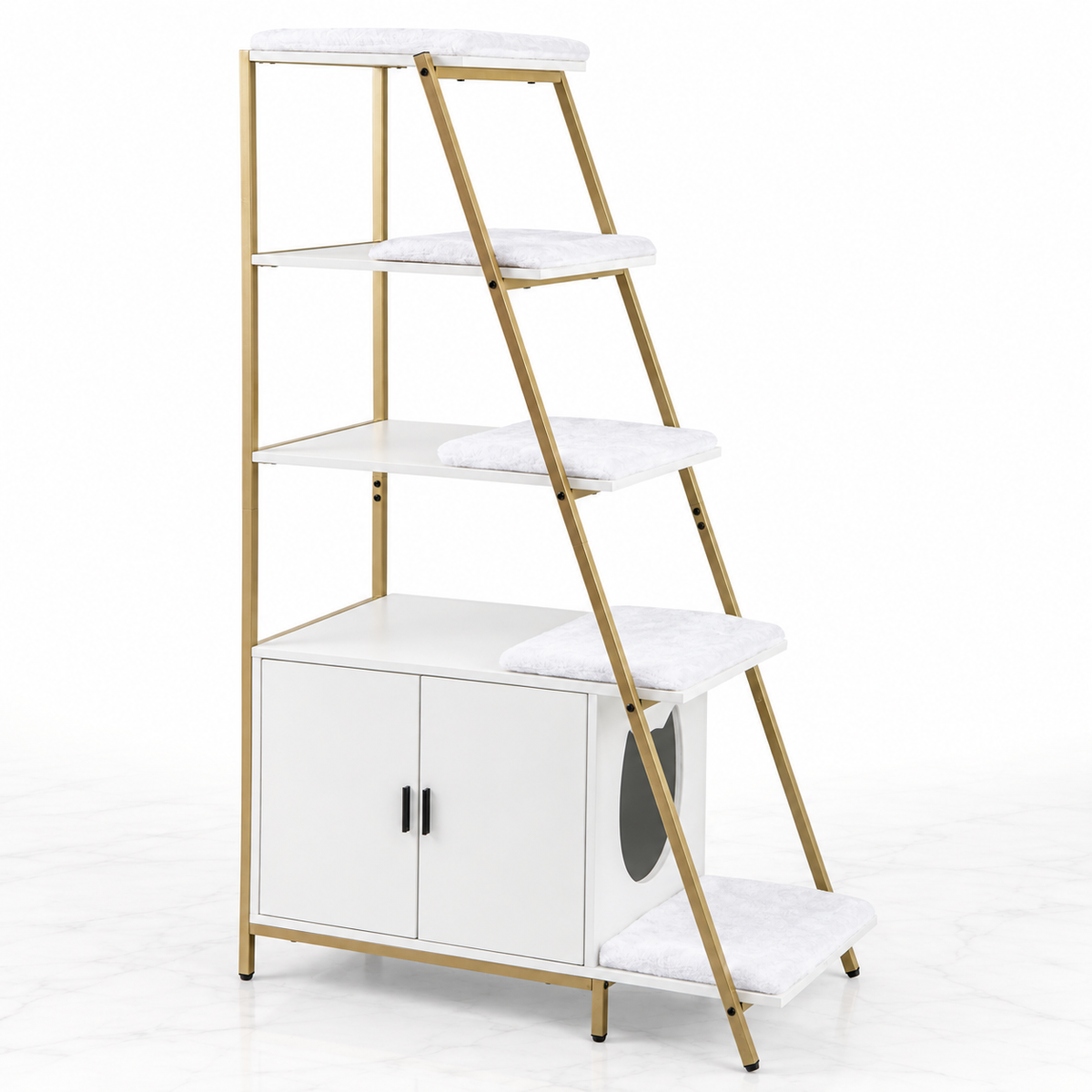 White and gold 149 cm litter cabinet with five removable plush step mats on a light studio background