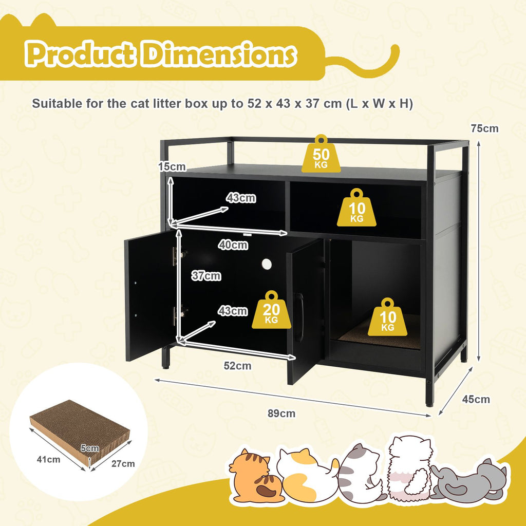 Dimension diagram for the 89 by 45 by 75 cm black litter cabinet and scratching compartment