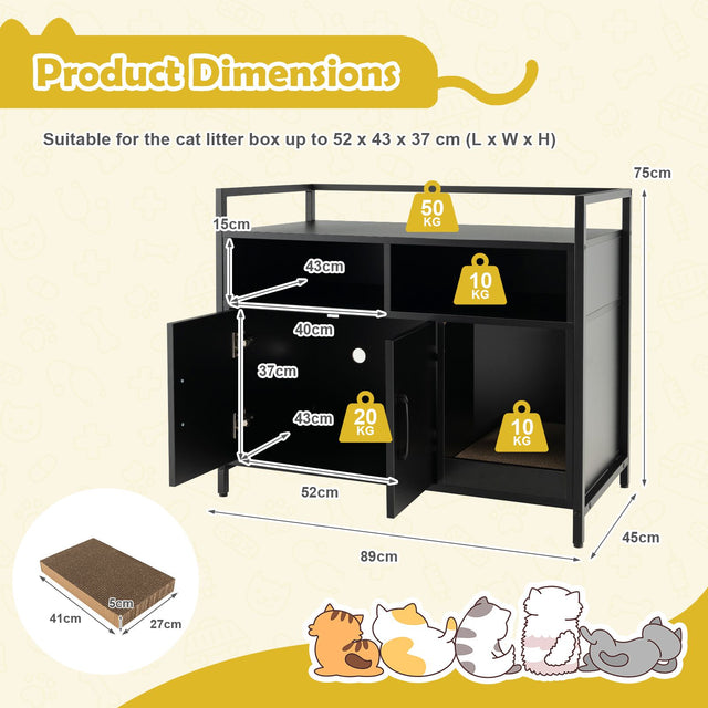 Dimension diagram for the 89 by 45 by 75 cm black litter cabinet and scratching compartment