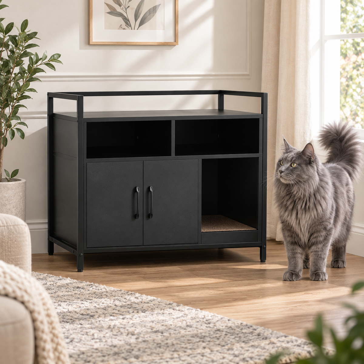 Black litter cabinet beside a full-sized solid grey Maine Coon in a bright sitting room