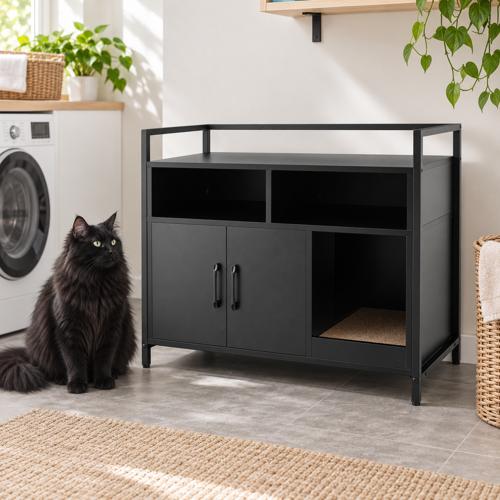 Black litter cabinet beside a full-sized black Norwegian Forest Cat in a utility room