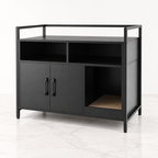 Black 89 cm litter cabinet with two upper cubbies and right-side scratching compartment on a light marble studio floor