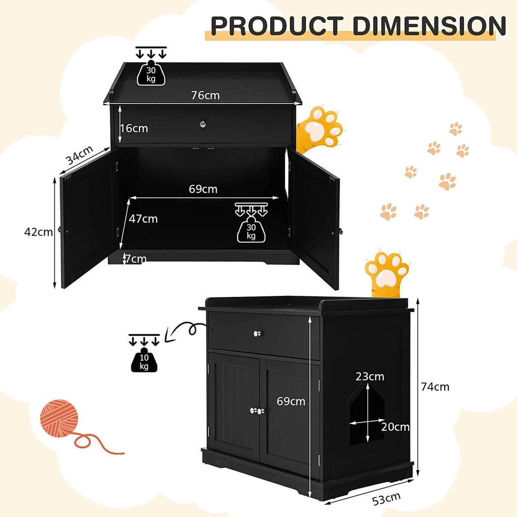 Dimension diagram for the black 76 by 53 by 74 cm litter cabinet with drawer and 20 by 23 cm entrance