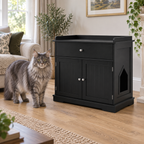 Black drawer litter cabinet beside a full-sized solid grey Maine Coon in a bright sitting room