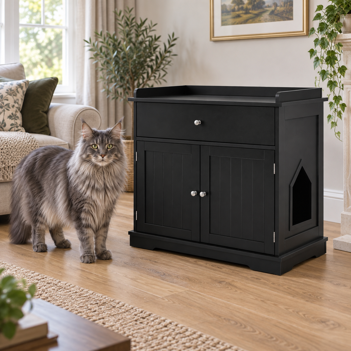 Black drawer litter cabinet beside a full-sized solid grey Maine Coon in a bright sitting room