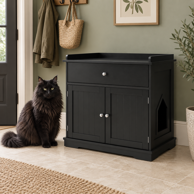 Black drawer litter cabinet beside a full-sized black Norwegian Forest Cat in a sage hallway