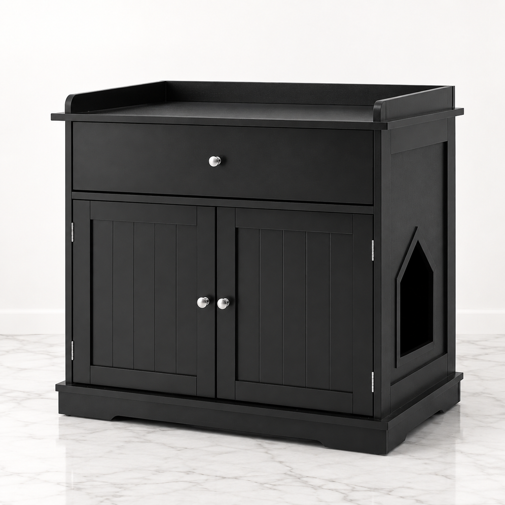 Black 76 cm litter cabinet with top drawer, two grooved doors and right-side cat entrance on a light marble studio floor