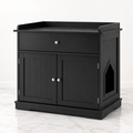 Black 76 cm litter cabinet with top drawer, two grooved doors and right-side cat entrance on a light marble studio floor