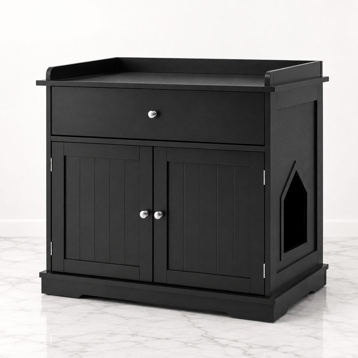 Black 76 cm litter cabinet with top drawer, two grooved doors and right-side cat entrance on a light marble studio floor