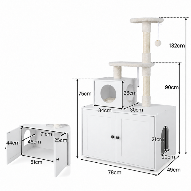 Plain white dimension diagram for The Ivory Gallery — 132cm Litter Cabinet & Cat Tree showing product size measurements in centimetres.
